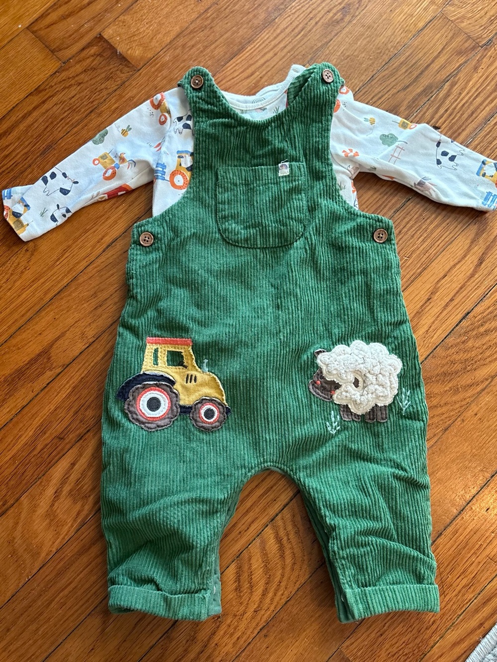 next Green Corduroy Overalls with Tractor and Sheep Patches